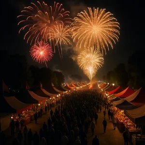 A nighttime festival with fireworks in the sky, food stalls lined up, and crowds mingling. - Black Forest Labs FLUX.1 Kontext Max