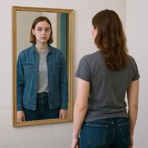 A person standing before a mirror, with their front and reflected back both visible. - Black Forest Labs FLUX.1 Kontext Max
