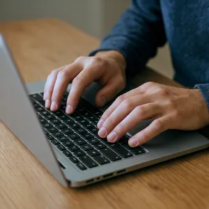 A person typing on a laptop keyboard, showing both hands on the keys. - Black Forest Labs FLUX.1 Kontext Max