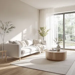 A photorealistic interior of a modern Scandinavian-style living room with natural light streaming through floor-to-ceiling windows. Show detailed wood textures, fabric materials, and proper light reflections. - Black Forest Labs FLUX.1 Kontext Max