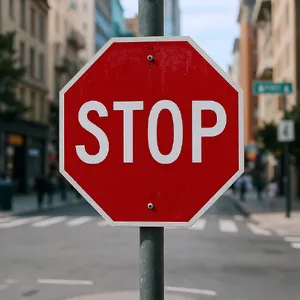 A red stop sign on a street corner displaying the word 