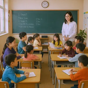 A school classroom of children and a teacher, each student engaged in a different activity. - Black Forest Labs FLUX.1 Kontext Max