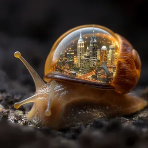 A snail whose shell contains a miniature city skyline, depicted in a hyperrealistic macro photography style with intricate architectural details and ambient lighting. - Black Forest Labs FLUX.1 Kontext Max