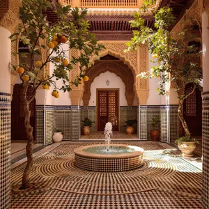A traditional Moroccan riad courtyard with detailed zellige tilework, flowing fountain, citrus trees, and ornate woodwork. Morning light casting intricate shadow patterns. - Black Forest Labs FLUX.1 Kontext Max