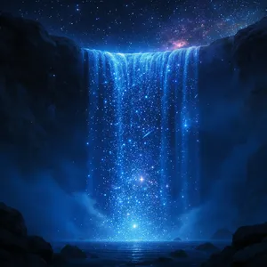 A waterfall that pours out stars and galaxies instead of water, illustrated in a cosmic fantasy style with vibrant space colors and dramatic lighting effects. - Black Forest Labs FLUX.1 Kontext Max