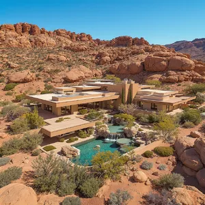 Aerial view of a modernist desert home, in the style of Frank Lloyd Wright's Fallingwater but adapted to desert conditions. Show integration with rocky landscape and water features. - Black Forest Labs FLUX.1 Kontext Max