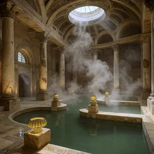 An ancient Roman bathhouse interior with accurate architectural details - marble columns, mosaic floors, arched ceilings, and steam rising from pools. Natural light from oculus openings. - Black Forest Labs FLUX.1 Kontext Max