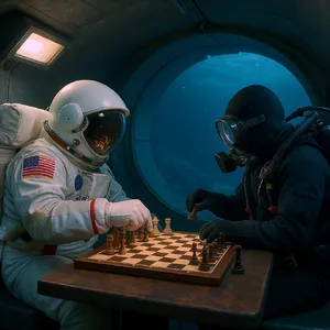 An astronaut and a deep-sea diver playing chess together inside a submarine. - Black Forest Labs FLUX.1 Kontext Max