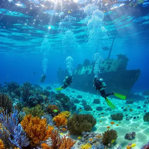 An underwater scene with scuba divers exploring a coral reef alongside colorful fish and a sunken ship. - Black Forest Labs FLUX.1 Kontext Max