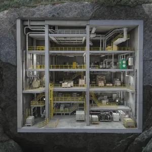 Cross-section rendering of a multi-level underground bunker with different functional areas, structural support systems, ventilation, and power generation facilities visible. - Black Forest Labs FLUX.1 Kontext Max