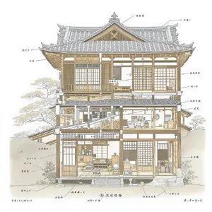 Cutaway architectural drawing of a traditional Japanese machiya townhouse showing all rooms and structural elements. Include accurate proportions, traditional joinery, and typical spatial organization. - Black Forest Labs FLUX.1 Kontext Max