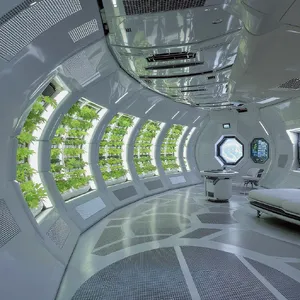 Interior of a futuristic space habitat with hydroponics gardens, communal areas, and living quarters. Show curved walls, artificial gravity considerations, and multipurpose furniture designs. - Black Forest Labs FLUX.1 Kontext Max