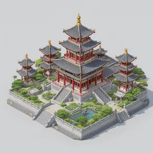 Isometric architectural illustration of an ancient Chinese temple complex showing multiple pavilions, gardens, and ceremonial spaces. Include proper roof structures and traditional ornamentation. - Black Forest Labs FLUX.1 Kontext Max