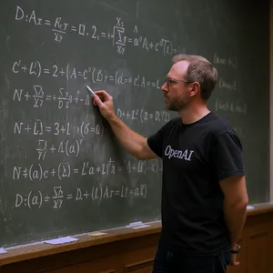 Photorealistic depiction of a man wearing a clearly visible black OpenAI-branded T-shirt. He is standing at the front of a university lecture hall, writing complex mathematics and AI-related equations across a large, dusty chalkboard filled with notation - Black Forest Labs FLUX.1 Kontext Max