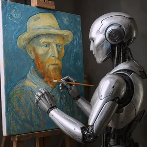 Photorealistic image of a robot painting a realistic self-portrait (i.e. the robot) on canvas, mimicking Van Gogh’s art style; clear, realistic metallic textures and painting details visible - Black Forest Labs FLUX.1 Kontext Max