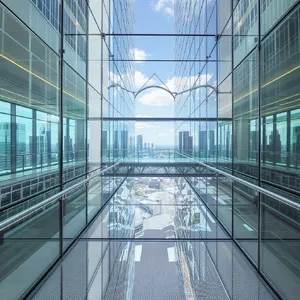 Photorealistic rendering of a contemporary glass skybridge between two skyscrapers, seen from inside with city views visible through glass walls and floor. Show accurate reflections and structural details. - Black Forest Labs FLUX.1 Kontext Max