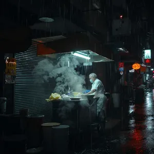 Rain-slicked Singapore street, 3 AM. A lone elderly hawker cleans his cart under one flickering fluorescent light. Steam rises gently. Low-angle shot, photorealistic - Black Forest Labs FLUX.1 Kontext Max