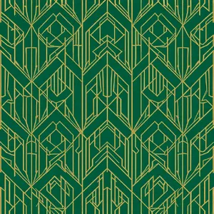 Seamless geometric pattern, Art Deco style, gold lines on deep emerald green background, high resolution texture for print. - Black Forest Labs FLUX.1 Kontext Max