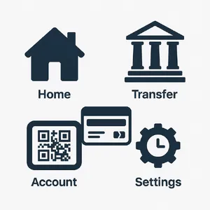 Set of 5 consistent flat design icons for a mobile banking app: 'Home', 'Transfer', 'Account', 'Scan QR', 'Settings'. Monochrome dark blue. - Black Forest Labs FLUX.1 Kontext Max