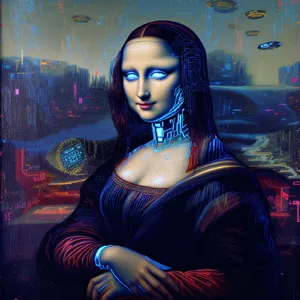 The Mona Lisa reimagined as a futuristic android, rendered in a digital art style that preserves Da Vinci's composition while incorporating sleek cyberpunk aesthetics and technological elements. - Black Forest Labs FLUX.1 Kontext Max
