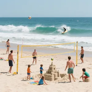A beach scene: adults playing volleyball, kids building sandcastles, and surfers riding waves. - Bytedance Seedream 3.0