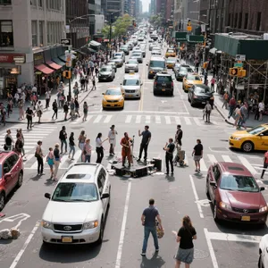 A busy city intersection with cars, pedestrians, and street performers all in one frame. - Bytedance Seedream 3.0