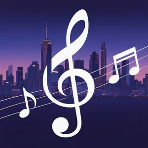 A city skyline that forms the shape of musical notes on a staff, created in a stylized graphic design aesthetic with clean architectural lines and dramatic twilight colors. - Bytedance Seedream 3.0