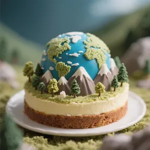 A dessert cake that looks like a tiny planet, complete with miniature trees and mountains, photographed in a professional food photography style with tilt-shift focus effect. - Bytedance Seedream 3.0