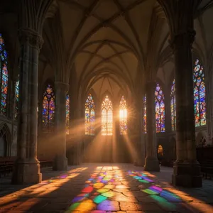 A Gothic cathedral interior at sunset with light streaming through detailed stained glass windows, creating colored patterns on stone floors and columns. Show accurate ribbed vaulting. - Bytedance Seedream 3.0