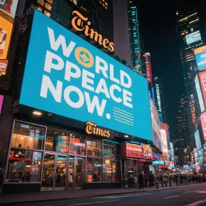 A large storefront billboard at Times Square displaying the slogan “WORLD PEACE NOW” in bold, clear letters, amidst a vibrant cityscape at night. - Bytedance Seedream 3.0