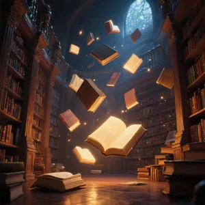 A library where the books are glowing and floating in mid-air, illustrated in a magical realism style with dramatic lighting and rich atmospheric colors. - Bytedance Seedream 3.0
