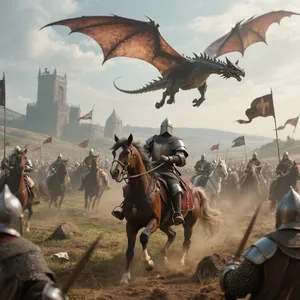 A medieval battlefield with knights on horseback and a dragon flying overhead. - Bytedance Seedream 3.0