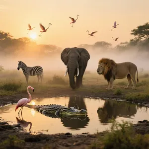 A misty dawn at an African savanna watering hole where elephants, lions, and zebras coexist in tense harmony, with a crocodile partially submerged in the foreground and flamingos taking flight in the background, golden hour lighting. - Bytedance Seedream 3.0