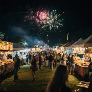 A nighttime festival with fireworks in the sky, food stalls lined up, and crowds mingling. - Bytedance Seedream 3.0