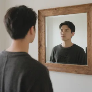 A person standing before a mirror, with their front and reflected back both visible. - Bytedance Seedream 3.0