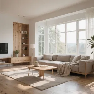 A photorealistic interior of a modern Scandinavian-style living room with natural light streaming through floor-to-ceiling windows. Show detailed wood textures, fabric materials, and proper light reflections. - Bytedance Seedream 3.0