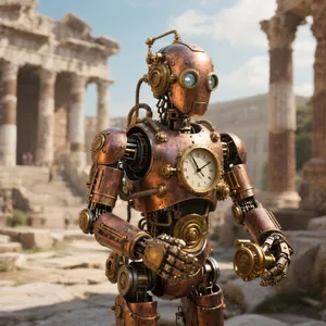A steampunk robot time-traveling in ancient Rome, depicted in a detailed cinematic style that blends historical accuracy with copper and brass retrofuturistic aesthetics. - Bytedance Seedream 3.0