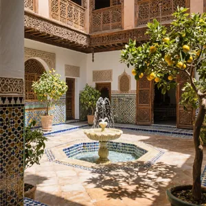 A traditional Moroccan riad courtyard with detailed zellige tilework, flowing fountain, citrus trees, and ornate woodwork. Morning light casting intricate shadow patterns. - Bytedance Seedream 3.0