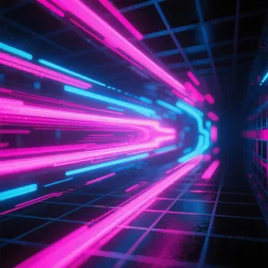 Abstract background graphic, cyberpunk aesthetic, neon pink/blue light trails on dark grid, sense of digital speed, for desktop wallpaper. - Bytedance Seedream 3.0