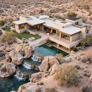 Aerial view of a modernist desert home, in the style of Frank Lloyd Wright's Fallingwater but adapted to desert conditions. Show integration with rocky landscape and water features. - Bytedance Seedream 3.0