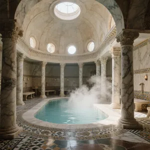 An ancient Roman bathhouse interior with accurate architectural details - marble columns, mosaic floors, arched ceilings, and steam rising from pools. Natural light from oculus openings. - Bytedance Seedream 3.0