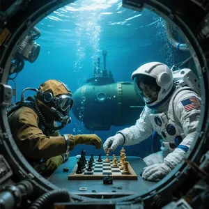 An astronaut and a deep-sea diver playing chess together inside a submarine. - Bytedance Seedream 3.0