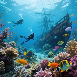 An underwater scene with scuba divers exploring a coral reef alongside colorful fish and a sunken ship. - Bytedance Seedream 3.0