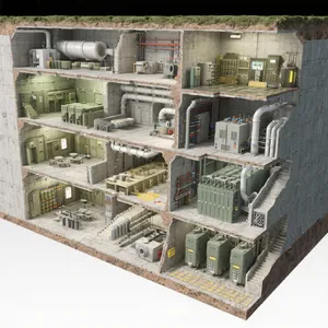 Cross-section rendering of a multi-level underground bunker with different functional areas, structural support systems, ventilation, and power generation facilities visible. - Bytedance Seedream 3.0