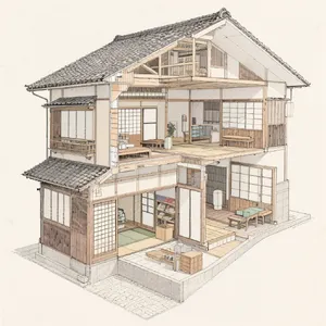 Cutaway architectural drawing of a traditional Japanese machiya townhouse showing all rooms and structural elements. Include accurate proportions, traditional joinery, and typical spatial organization. - Bytedance Seedream 3.0