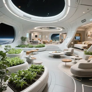 Interior of a futuristic space habitat with hydroponics gardens, communal areas, and living quarters. Show curved walls, artificial gravity considerations, and multipurpose furniture designs. - Bytedance Seedream 3.0