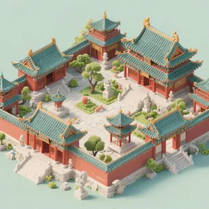 Isometric architectural illustration of an ancient Chinese temple complex showing multiple pavilions, gardens, and ceremonial spaces. Include proper roof structures and traditional ornamentation. - Bytedance Seedream 3.0