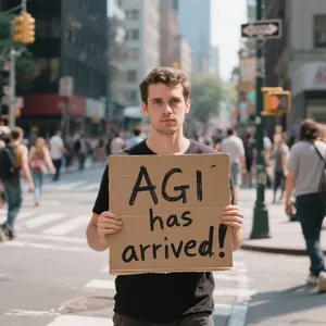 Photorealistic daytime street photograph, clearly showing a man standing still on a busy urban street corner holding a rectangular cardboard sign clearly facing camera, handwritten bold black marker text clearly readable as 