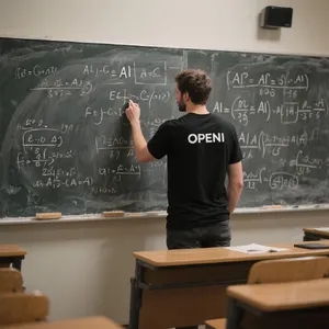 Photorealistic depiction of a man wearing a clearly visible black OpenAI-branded T-shirt. He is standing at the front of a university lecture hall, writing complex mathematics and AI-related equations across a large, dusty chalkboard filled with notation - Bytedance Seedream 3.0