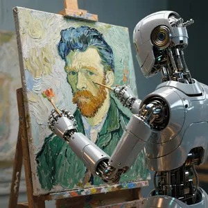 Photorealistic image of a robot painting a realistic self-portrait (i.e. the robot) on canvas, mimicking Van Gogh’s art style; clear, realistic metallic textures and painting details visible - Bytedance Seedream 3.0